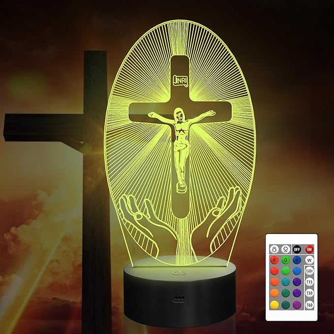 Jezus LED Nachtlamp 3D | Dimbaar Kruisbeeld met 7 kleuren