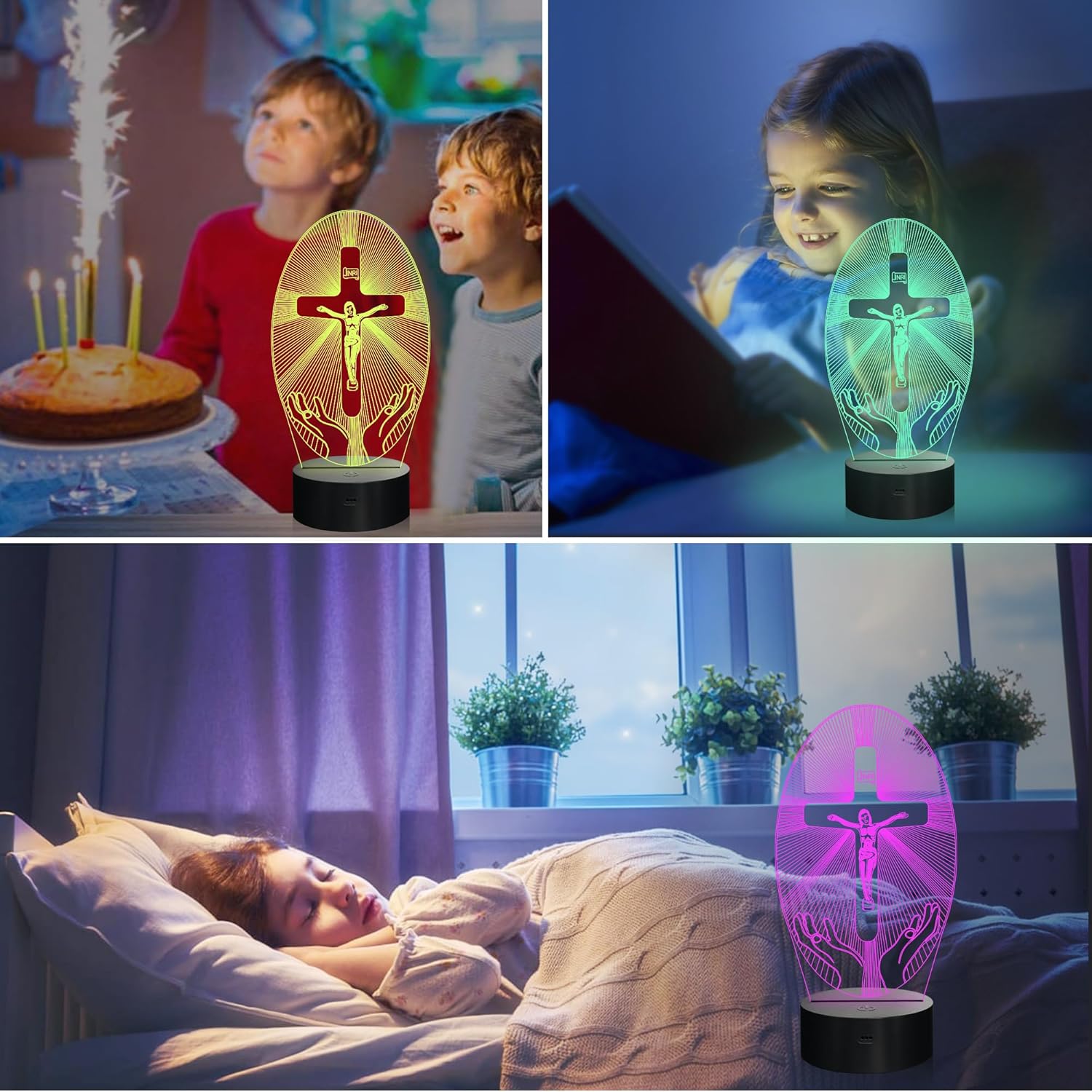 Jezus LED Nachtlamp 3D | Dimbaar Kruisbeeld met 7 kleuren